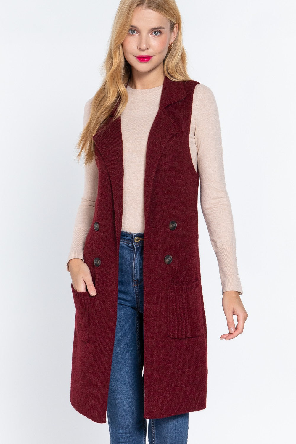 Notched Collar Long Sweater Vest