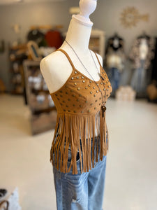 Suede Studded Crop with Fringe