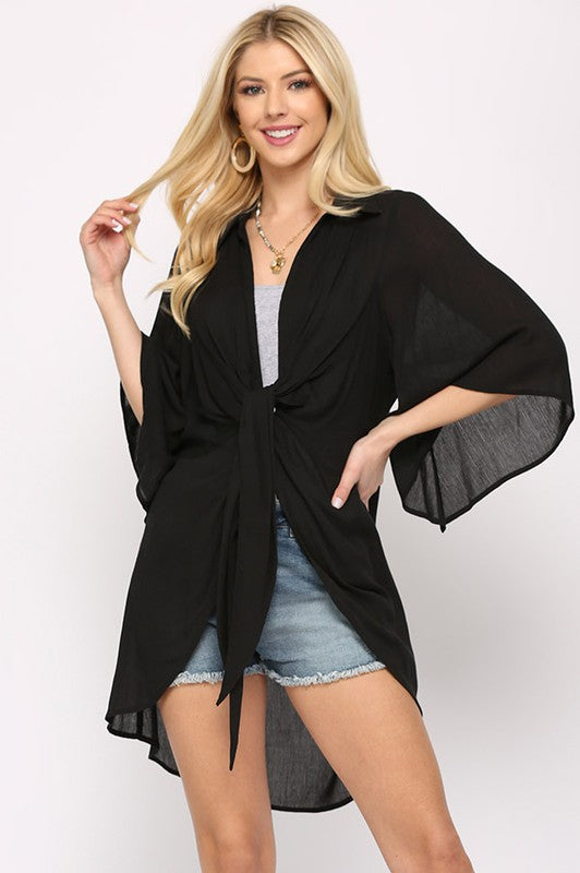 Solid Rayon Gauze and Front Center Tie Cardigan