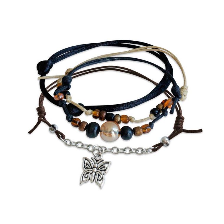 Butterfly Bracelets, 4 Piece Charm Bracelet Pack, Black Strings